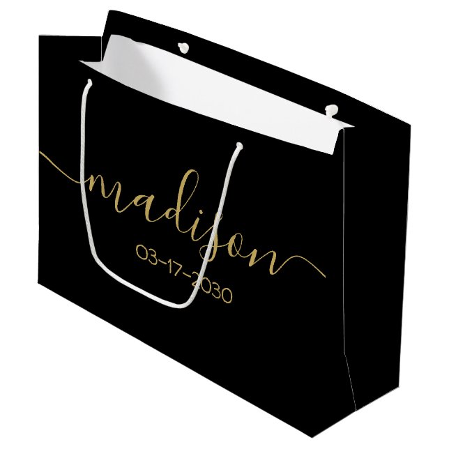 Custom Name Text Girly Feminine Gold Script Black Large Gift Bag (Front Angled)