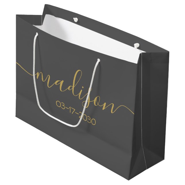 Custom Name Text Girly Feminine Gold Script Gray Large Gift Bag (Front Angled)