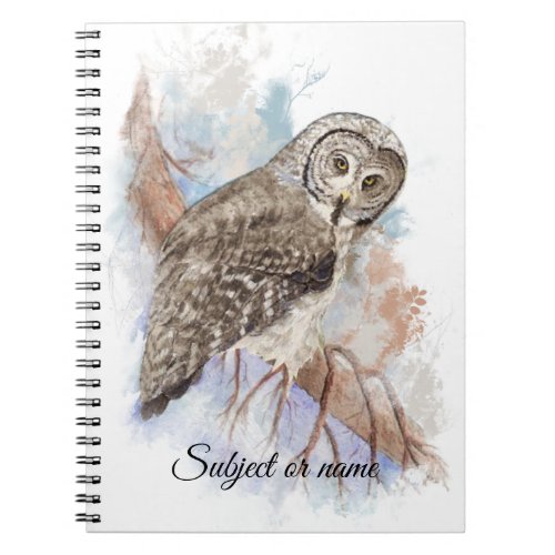 Custom Name  Text Great Gray Owl Bird Nature Art Notebook