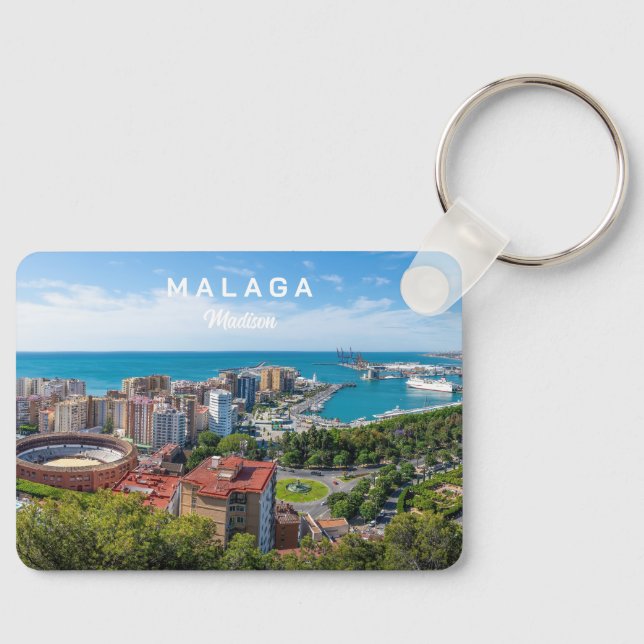 Custom Name & Text Malaga Spain Areal Photograph Keychain (Front)