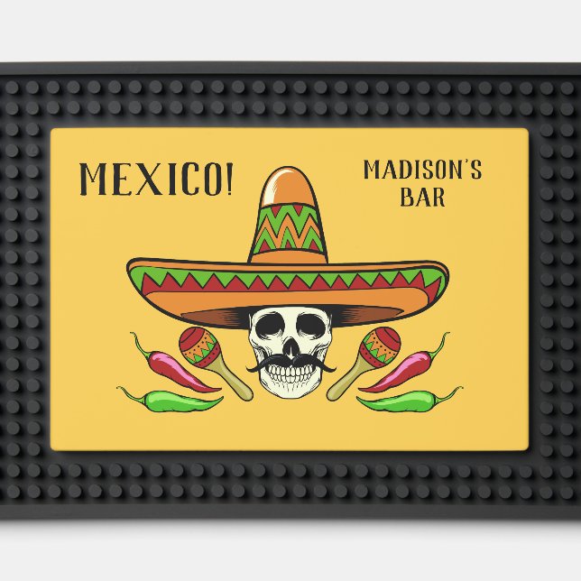 Custom name / text Mexican skull Bar Mat (Front (Close Up))