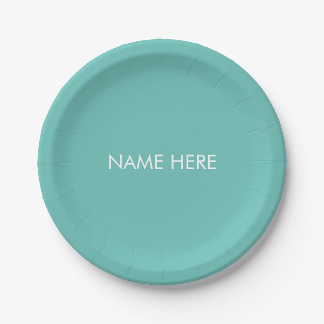 Custom name text minimalist light teal white paper plates (Front)