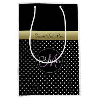 Custom Name Text Monogram.Black Polka Dots Medium Gift Bag
