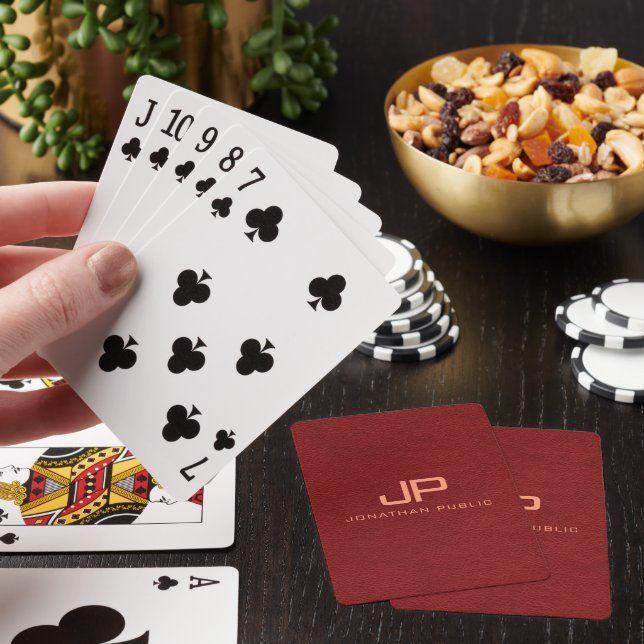 Custom Name Text Monogram Red Brown Leather Look Poker Cards (In Situ)