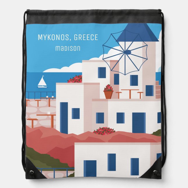 Custom Name & Text Mykonos Greece Drawstring Bag (Front)