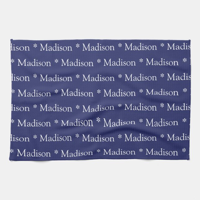 Custom name text navy blue white pattern kitchen towel (Horizontal)