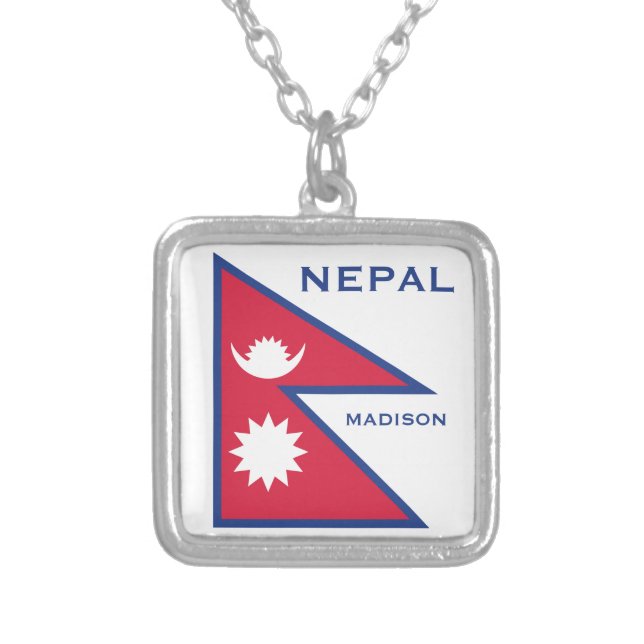 Custom Name & Text Nepal Flag Silver Plated Necklace (Front)
