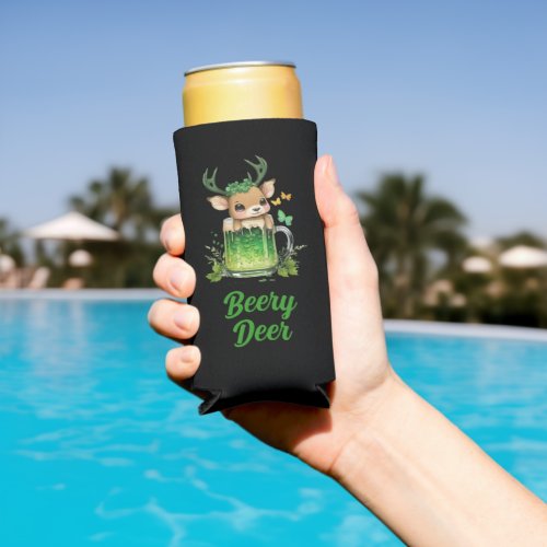 Custom Name Text Patricks Day Deer with Beer Seltzer Can Cooler