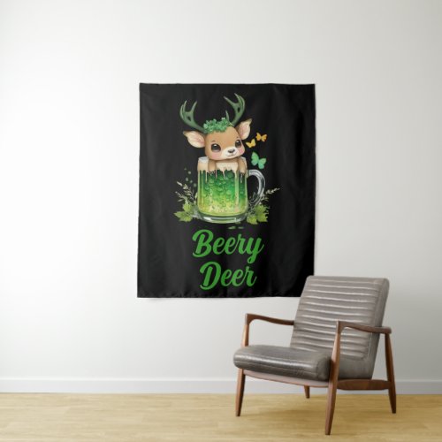 Custom Name Text Patricks Day Deer with Beer Tapestry