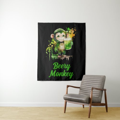 Custom Name Text Patricks Day Monkey with Beer Tapestry