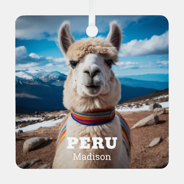 Custom Name & Text Peru Llama Metal Ornament (Front)
