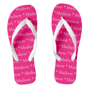 Custom name text pink fuchsia white pattern flip flops