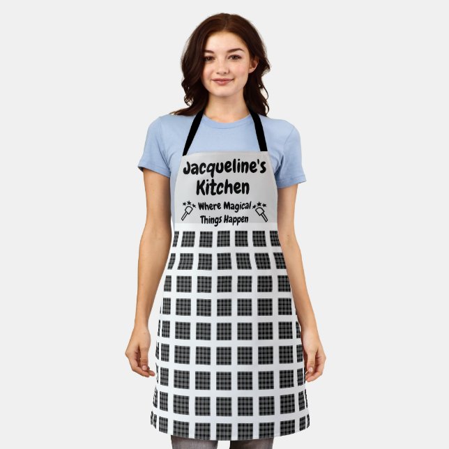 Custom Name & Text Quote Checkered Pattern Kitchen Apron (Worn)