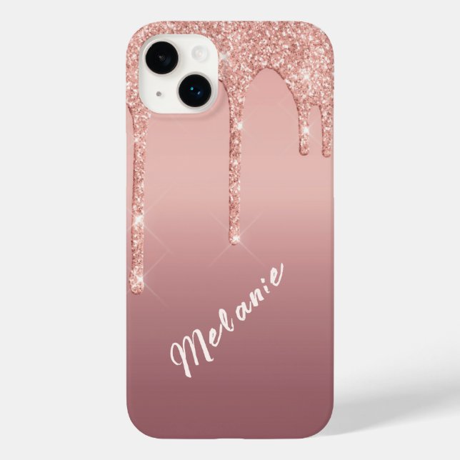 Custom Name Text Rose Gold Blush Glitter Drips Case-Mate iPhone Case (Back)