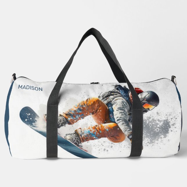 Custom Name & Text Snowboarder Illustration Duffle Bag (Front)
