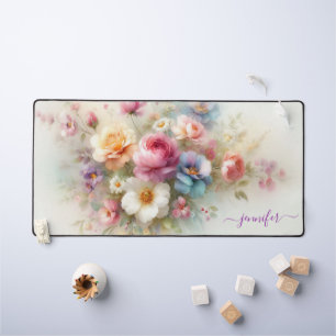 Custom Name Text Watercolor Aquarell Flowers Desk Mat