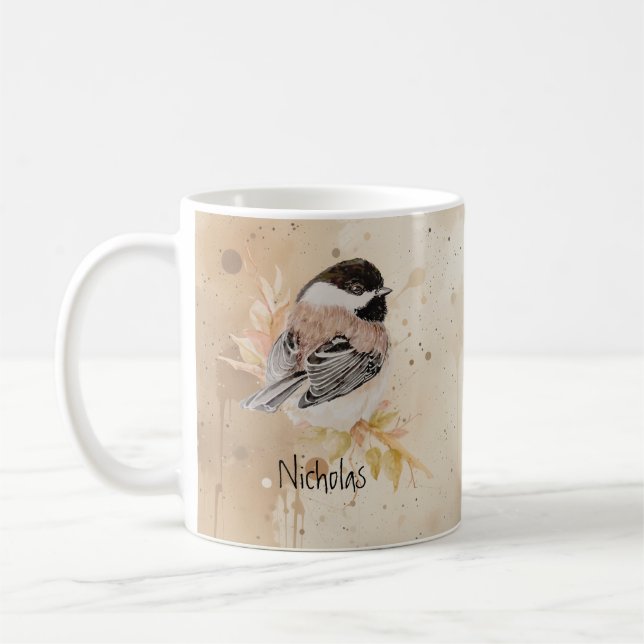 Custom Name Text Watercolor Chickadee Bird Coffee Mug (Left)