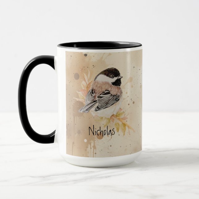Custom Name Text Watercolor Chickadee Bird Mug (Left)