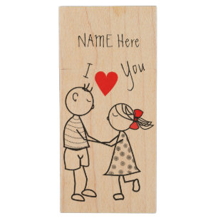 Custom Name Text Wood Flash Drive Couple Love