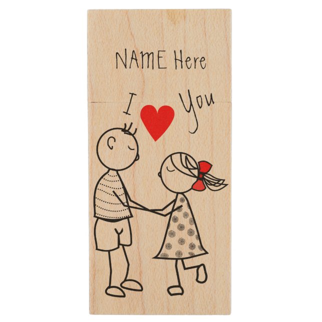 Custom Name Text Wood Flash Drive Couple Love (Front Vertical)