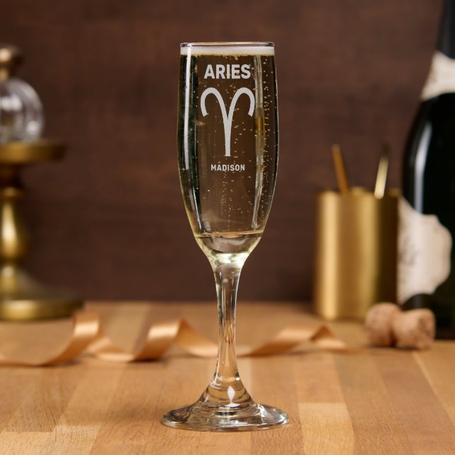 Custom Name / Text Zodiac Sign Aries Champagne Flute (Party)