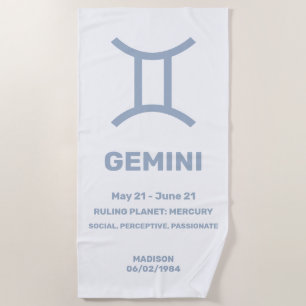 Custom Name / Text Zodiac Sign Gemini Beach Towel