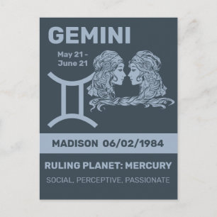 Custom Name / Text Zodiac Sign Gemini Postcard