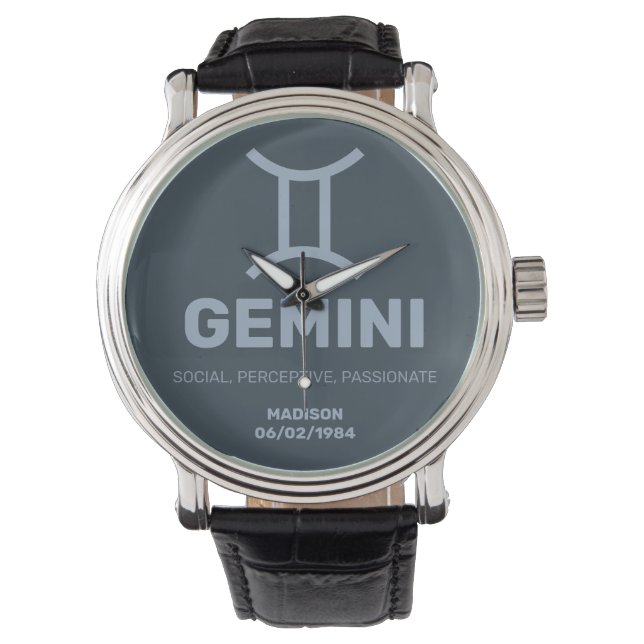 Custom Name / Text Zodiac Sign Gemini Watch (Front)