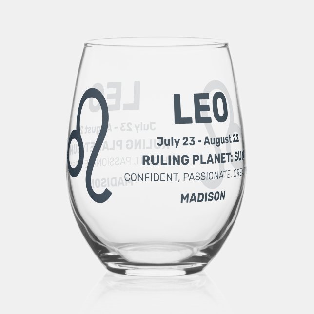 Custom Name / Text Zodiac Sign Leo Stemless Wine Glass (Front)