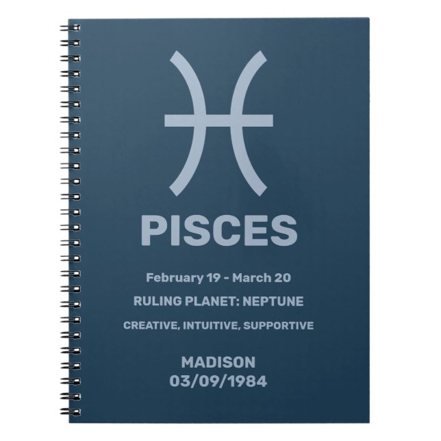 Custom Name / Text Zodiac Sign Pisces Notebook (Front)
