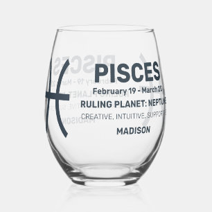 Custom Name / Text Zodiac Sign Pisces Stemless Wine Glass