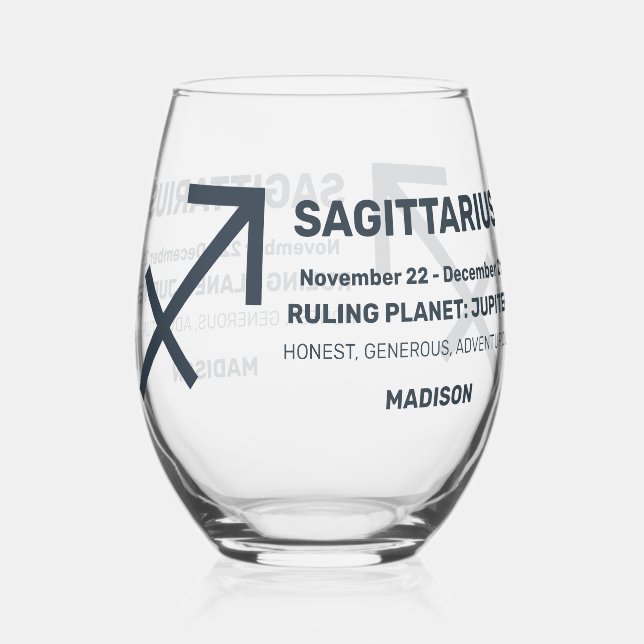 Custom Name / Text Zodiac Sign Sagittarius Stemless Wine Glass (Front)