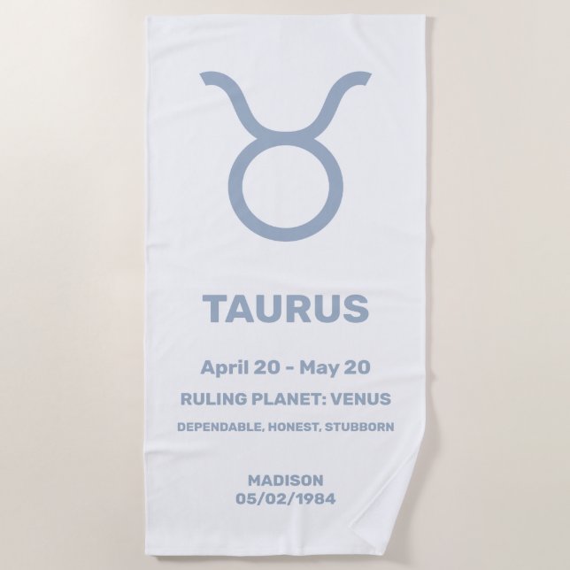 Custom Name / Text Zodiac Sign Taurus Beach Towel (Front)