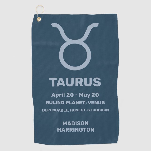Custom Name / Text Zodiac Sign Taurus Golf Towel (Front)