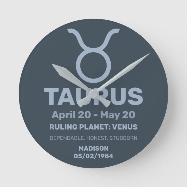 Custom Name / Text Zodiac Sign Taurus Round Clock (Front)