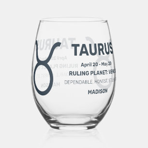 Custom Name / Text Zodiac Sign Taurus Stemless Wine Glass