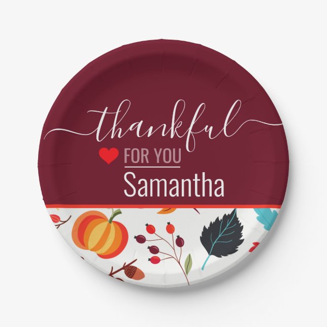 Custom Name Thankful for You Maroon Thanksgiving Paper Plates (Front)