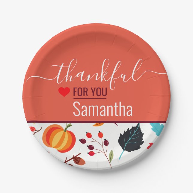 Custom Name Thankful for You Thanksgiving Paper Plates (Front)