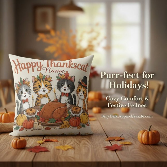 Custom Name Thanksgiving Cats Decor Throw Pillow (Creator Uploaded)