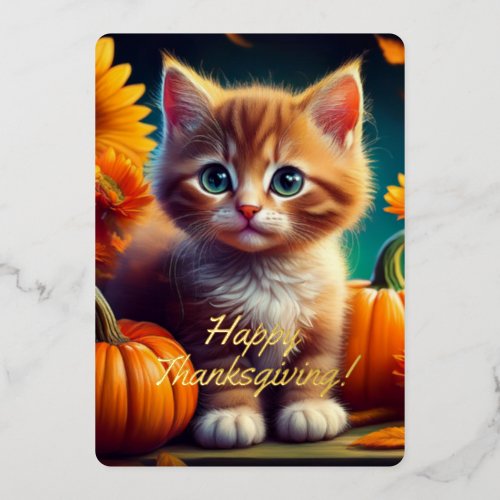 Custom Name Thanksgiving Ginger Kitten Pumpkin Foil Holiday Card