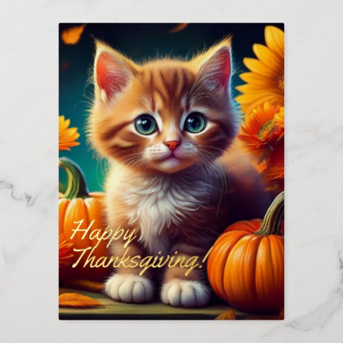 Custom Name Thanksgiving Ginger Kitten Pumpkin Foil Holiday Postcard