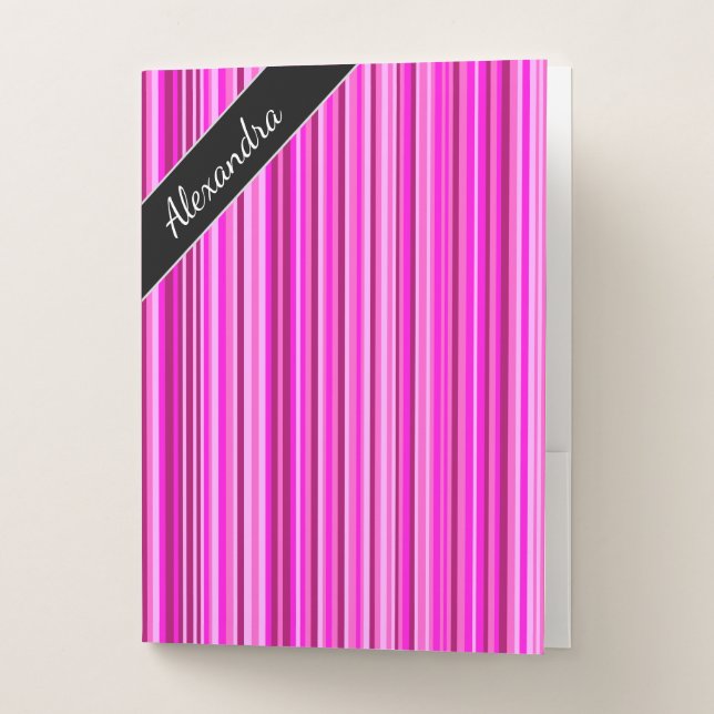 Custom Name; Thin Magenta and Pink Stripes Pattern Pocket Folder (Front)