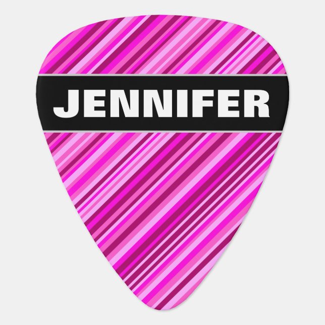 Custom Name + Thin Pink & Magenta Lines Pattern Guitar Pick (Front)
