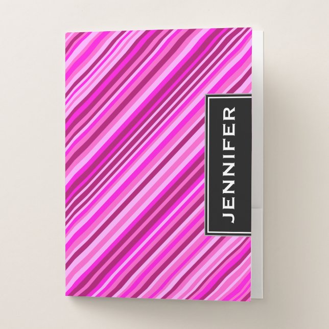 Custom Name & Thin Pink & Magenta Lines Pattern Pocket Folder (Front)