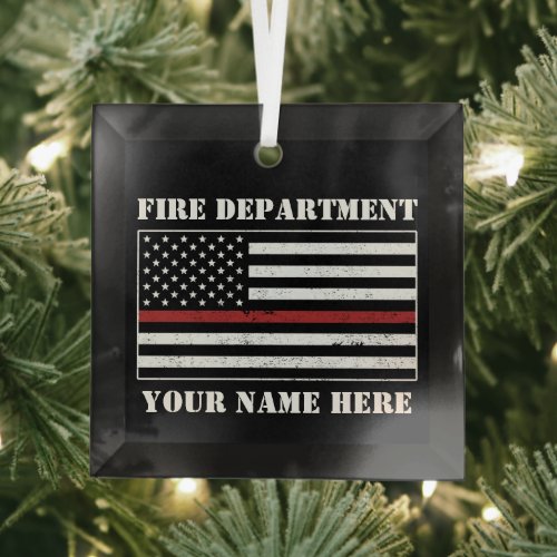 Custom Name Thin Red Line Flag Proud Firefighter Glass Ornament