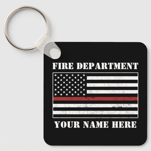 Custom Name Thin Red Line Flag Proud Firefighter Keychain (Front)