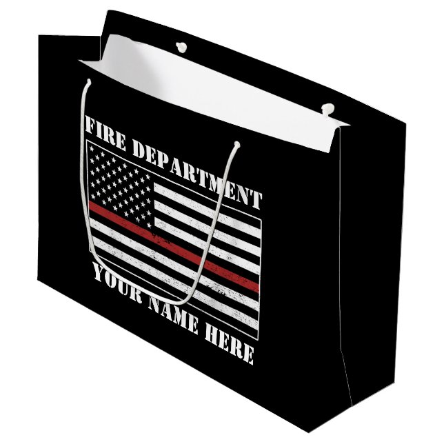Custom Name Thin Red Line Flag Proud Firefighter Large Gift Bag (Front Angled)