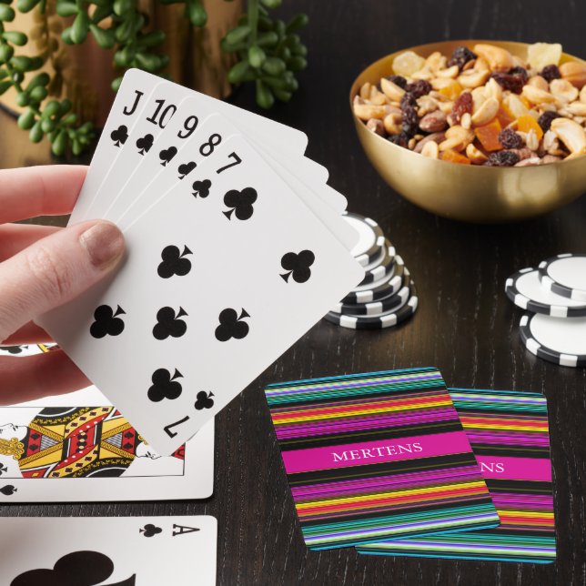 Custom Name Thin Stripes Pink Yellow Green Black Poker Cards (In Situ)