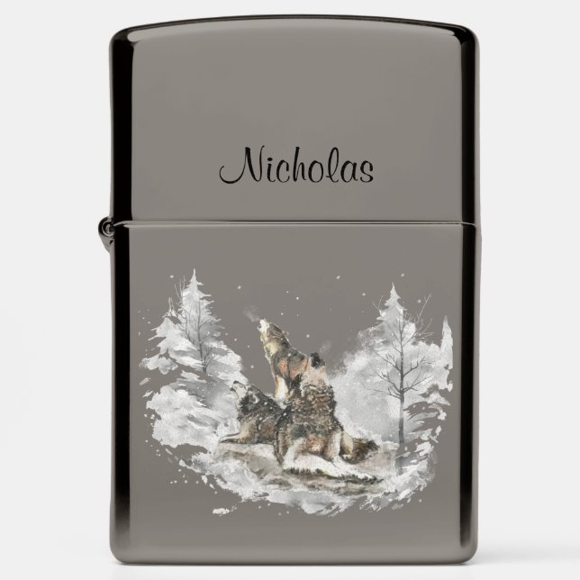 Custom Name Three Wolf Friends Howling in night Zippo Lighter (Front)