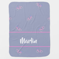 Custom name tiny bicycles on blue baby blanket
